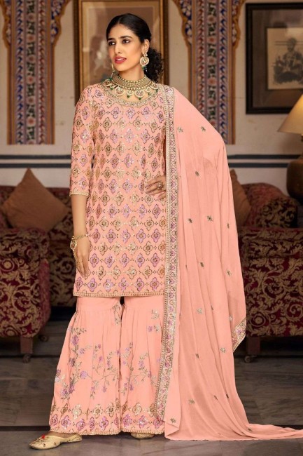 Embroidered Faux georgette Palazzo Suit in Peach
