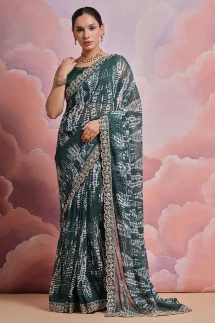 Green Saree in Georgette with Sequins,digital print