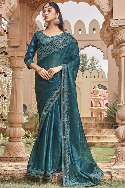 Embroidered Shimmer Teal blue  Saree with Blouse