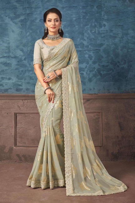 Grey Georgette Saree with Embroidered