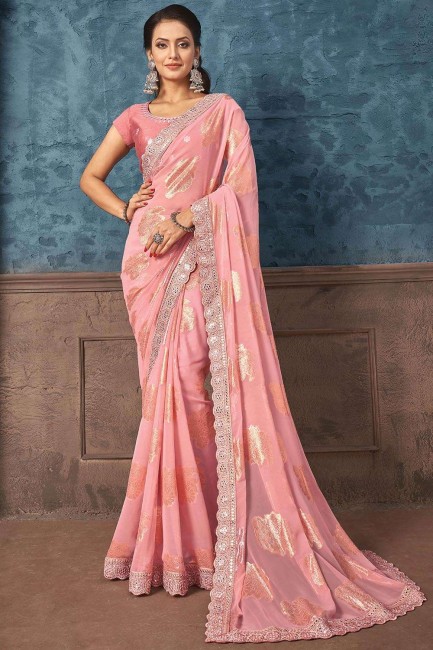 Pink  Saree  Embroidered Georgette