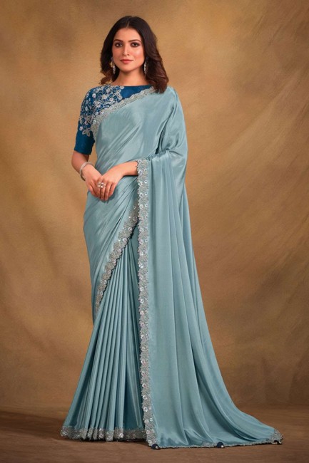 Light blue Saree in Georgette with Stone,sequins,embroidered