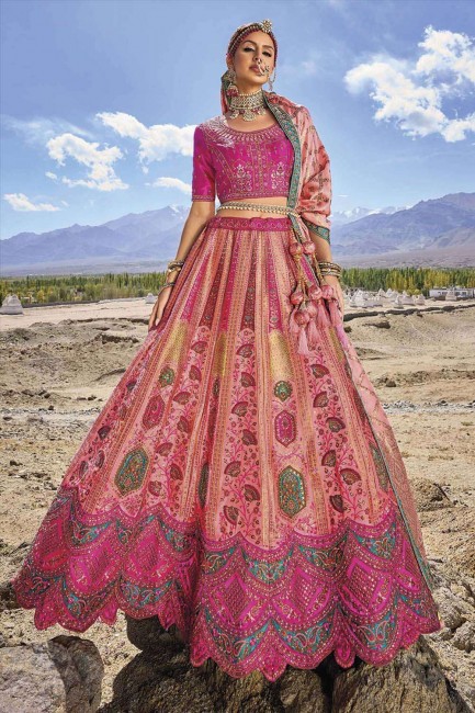 Pink Embroidered Lehenga Choli  Banarasi silk