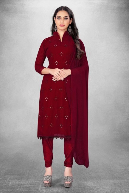 Embroidered Georgette Straight Suit in Maroon with Dupatta