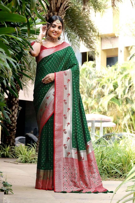 Green Saree in Zari,thread,weaving Banarasi silk
