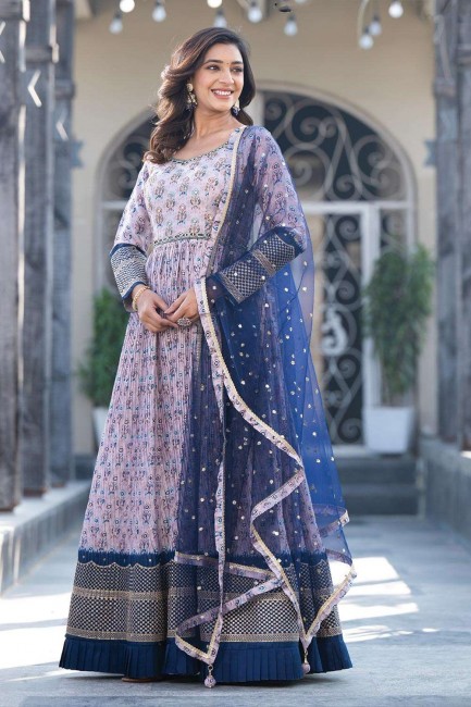 Georgette Printed Off white  Gown Dress with Dupatta