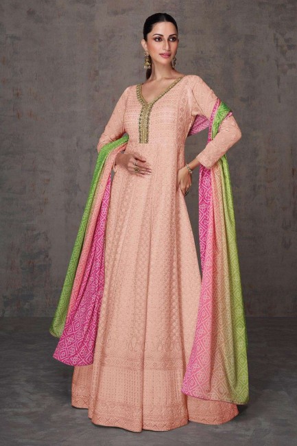 Georgette Anarkali Suit with Embroidered in Pink
