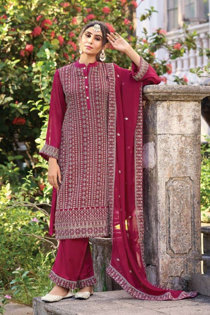 Pink Embroidered Silk Palazzo Suit