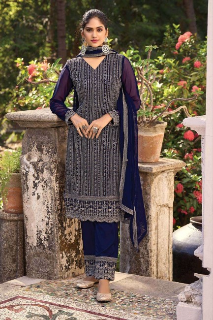 Silk Palazzo Suit in Blue with Embroidered