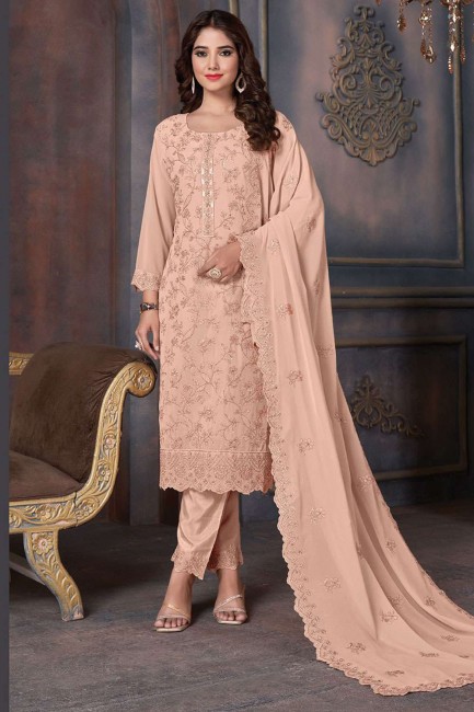 Embroidered Straight Pant Suit in Peach  Georgette