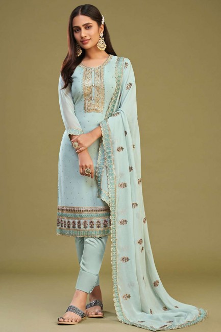 Firozi  Straight Pant Suit in Embroidered Georgette