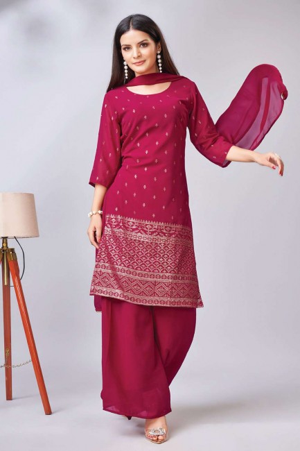 Pink Embroidered Georgette Palazzo Suit