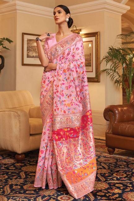 Handloom silk Saree with Printed in Pink