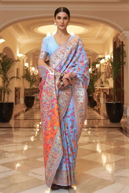 Sky blue Saree in Handloom silk with Printed