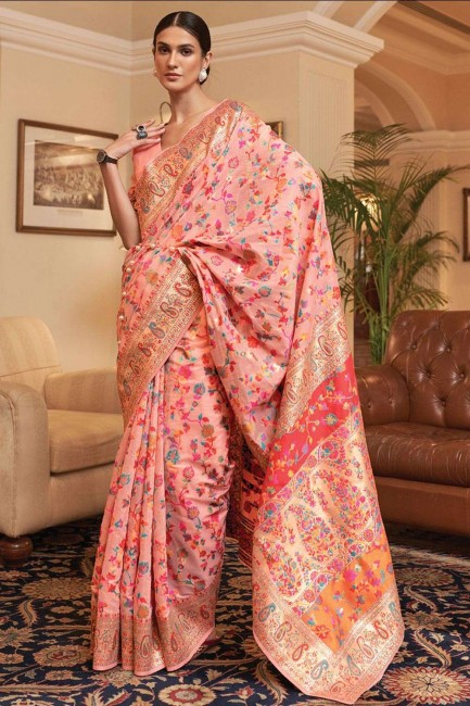 Peach Saree with Printed Handloom silk