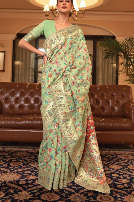 Pista  Saree with Printed Handloom silk