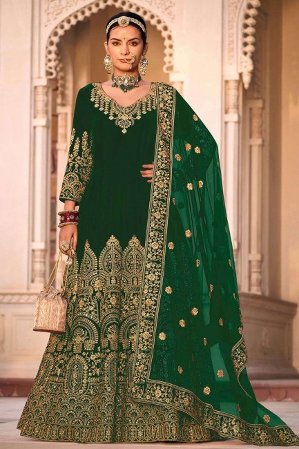 Green Embroidered Anarkali Suit in Velvet