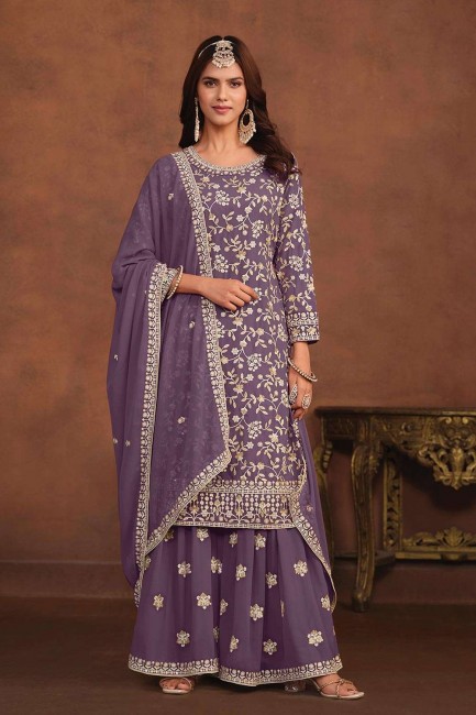 Embroidered Palazzo Suit in Purple Faux georgette