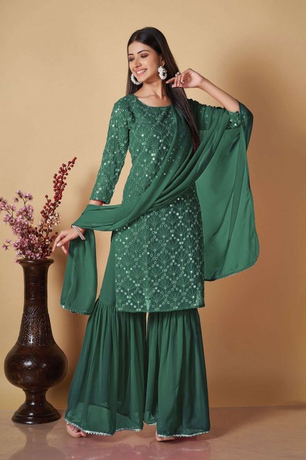 Mint green  Embroidered Georgette Palazzo Suit