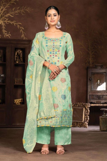 Hand Organza Green Palazzo Suit with Dupatta