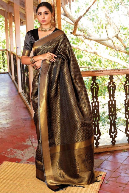 Zari,weaving Handloom silk Saree in Black  Blouse