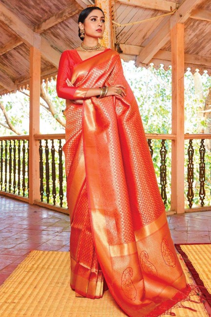 Zari,weaving Handloom silk Saree  Orange with Blouse