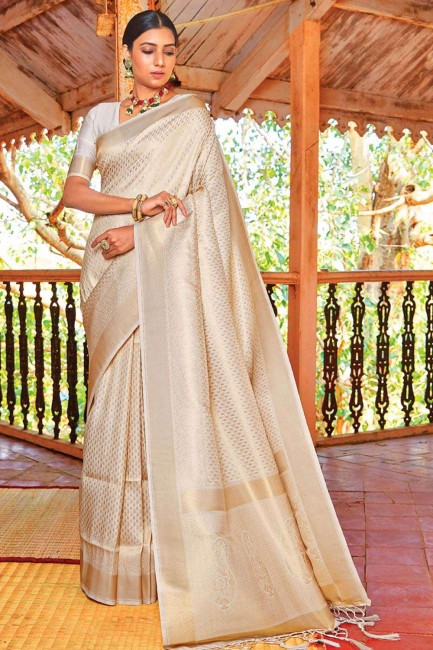 weaving Saree in White Handloom silk