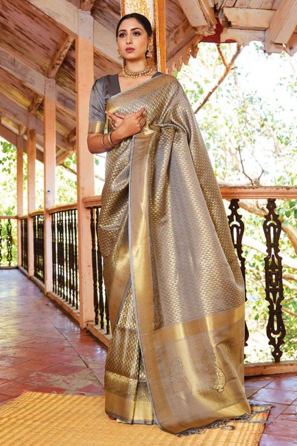Zari,weaving Handloom silk Saree in Grey