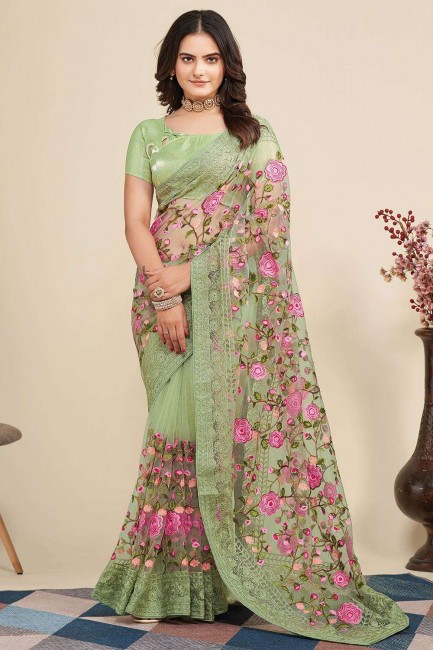 Embroidered Soft net Saree Pista  with Blouse