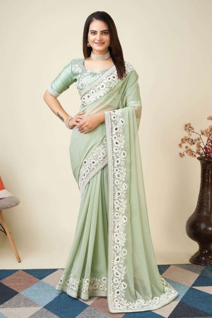 Saree  Zari in Pista  Silk