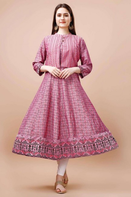 Pink Kurti with Printed Cotton