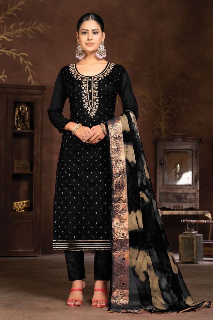 Chanderi silk Straight Pant Suit in Black with Hand work