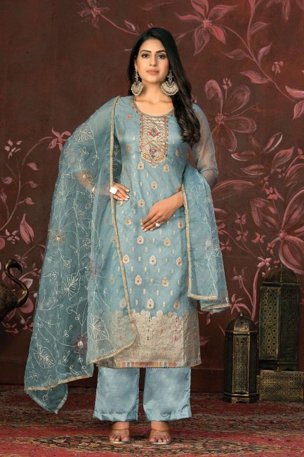 Organza Straight Pant Suit in Blue with Hand work