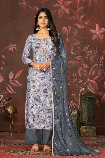 Hand work Cotton Grey Straight Pant Suit with Dupatta