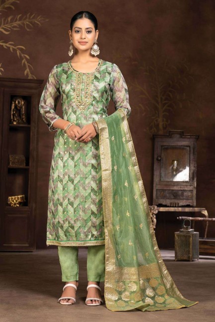 Green Straight Pant Suit in Cotton with Hand work
