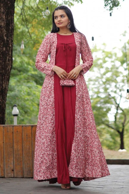 Maroon Rayon Embroidered Gown Dress with Dupatta