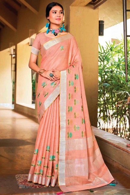 Linen Embroidered Peach Saree with Blouse