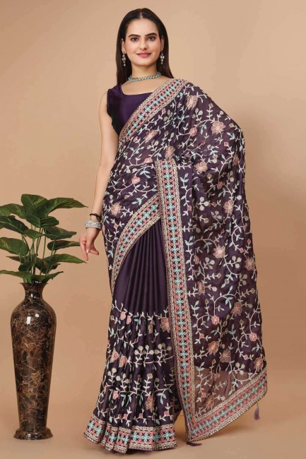 Thread Saree in Purple Silk