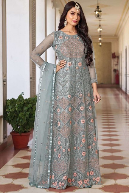 Embroidered Net Anarkali Suit in Green with Dupatta