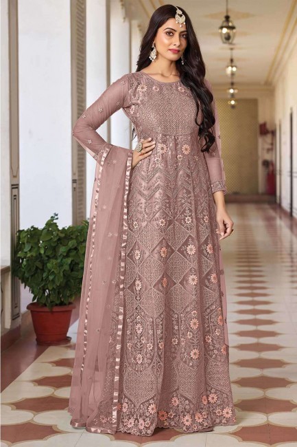 Net Anarkali Suit in Coral with Embroidered