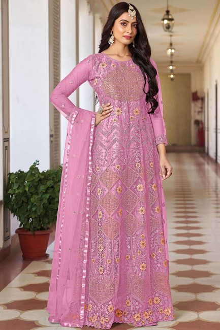 Pink Embroidered Net Anarkali Suit