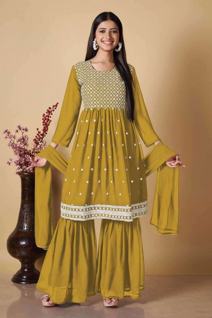 Georgette Sharara Suit in Yellow with Embroidered