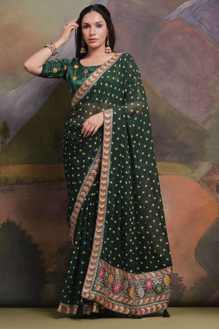 Sequins,printed,lace border Georgette Saree in Green with Blouse