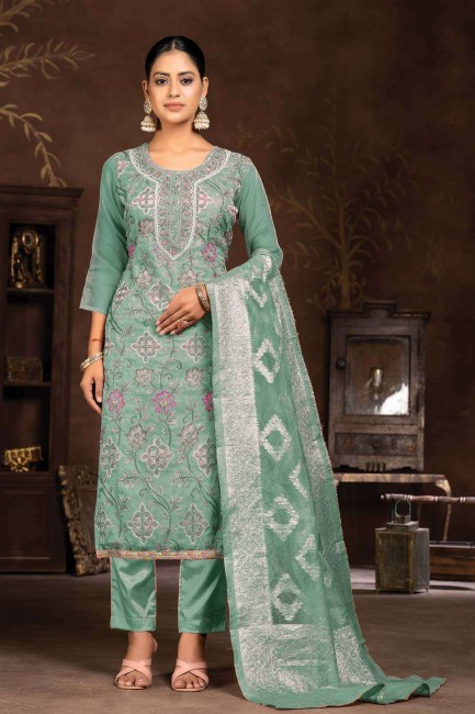 Organza Green Straight Pant Suit in Embroidered