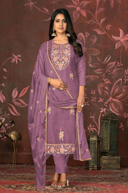 Organza Purple Straight Pant Suit in Embroidered