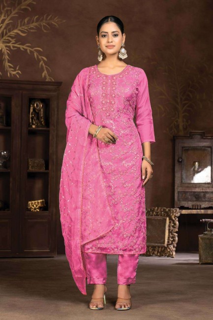 Pink Straight Pant Suit with Embroidered Organza