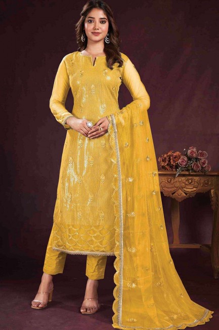 Yellow Straight Pant Suit in Net with Embroidered
