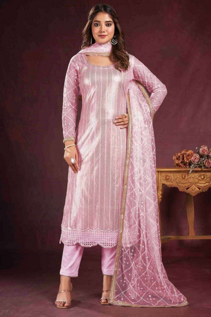 Net Embroidered Sky blue  Straight Pant Suit with Dupatta