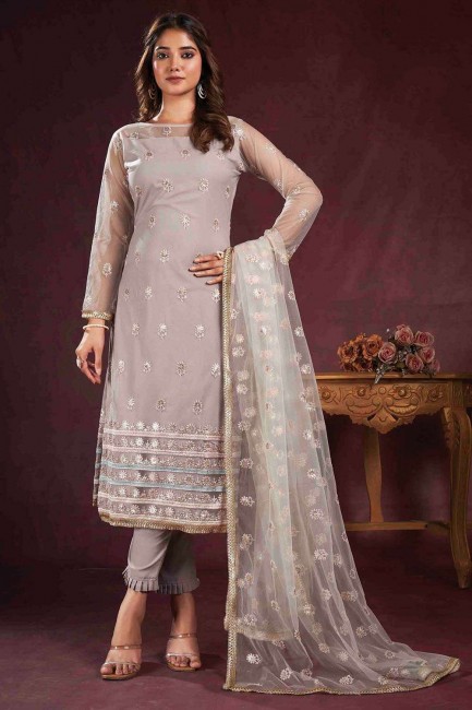 Straight Pant Suit in Beige  Net with Embroidered