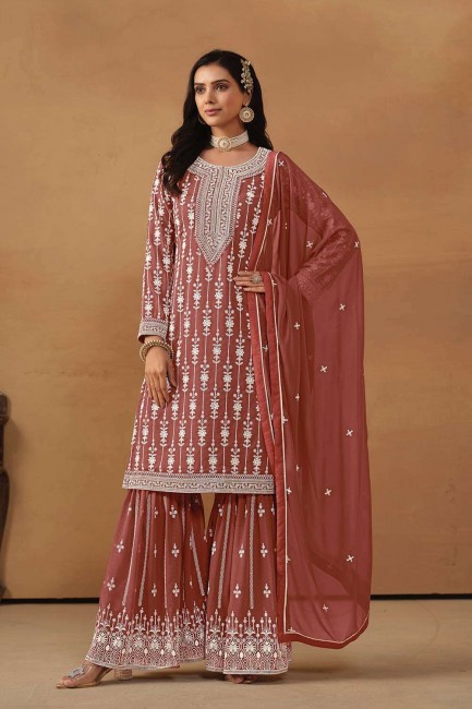 Brown Faux georgette Embroidered Sharara Suit with Dupatta
